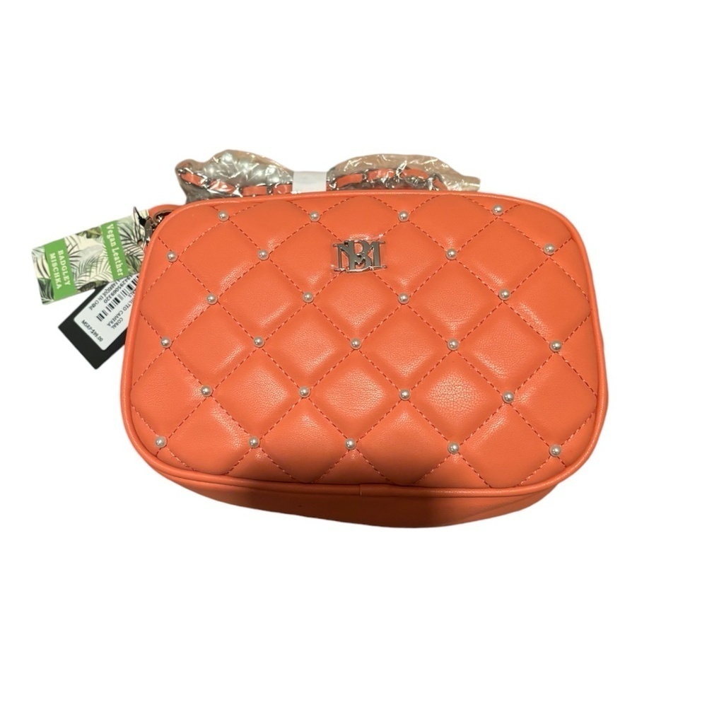 Badgley Mischka Vegan Leather Diamond Camera Bag with Pearls in Coral NWT
